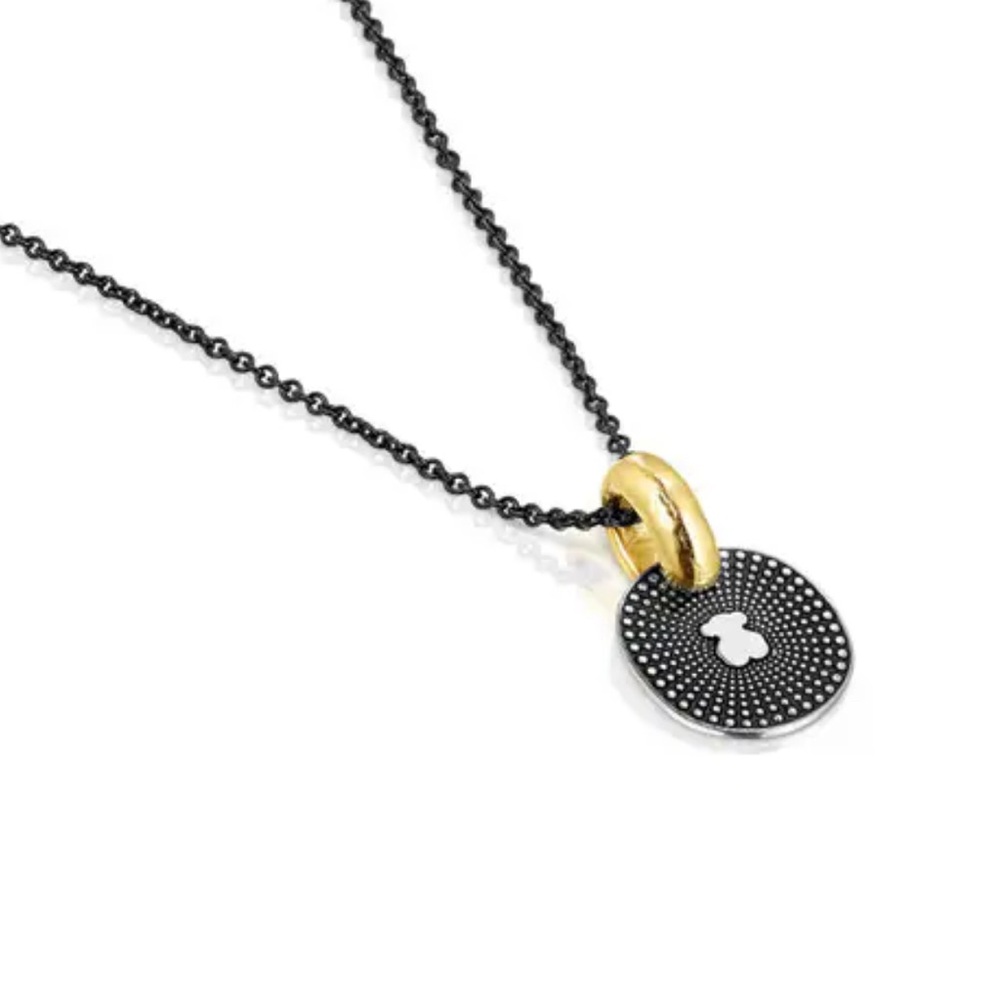 Tous Black Chain Oursin Necklace Sterling Silver w Round Pendant-Iconic Bear